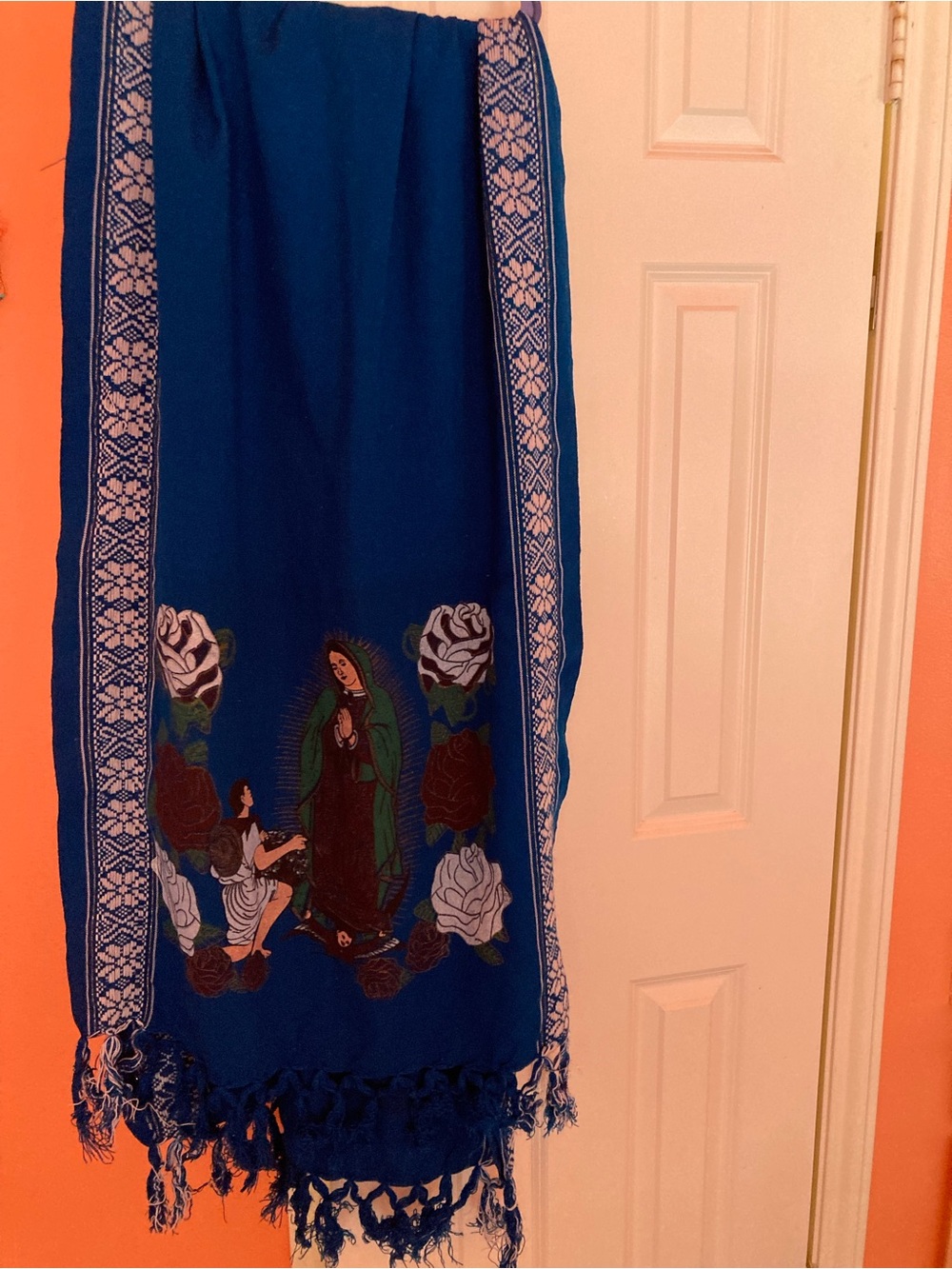 Blue Embroidered Religious Motif Fringe Scarf